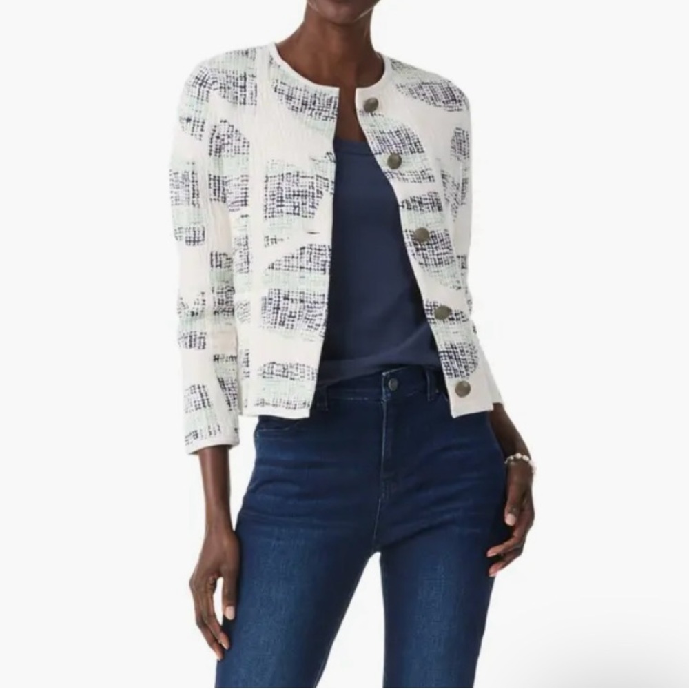 Nic+zoe Circle Sequence Three-Quarter Sleeve Knit Jacket, L, Cream